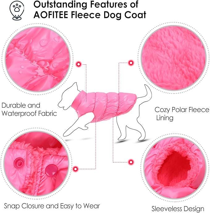 AOFITEE Dog Coat, Small Dog Coat Winter, Waterproof Dogs Jacket, Warm Fleece Dogs Snowsuit Pet Puffer Jacket, Windproof Pet Fleece Vest, Female Male Pets Cold Weather Coats Snow Jackets, Pink, L