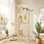61 Inch Cat Tree with Platform & Hammock, Plush Perch Scratcher & Playhouse for Indoor Cats(Beige)