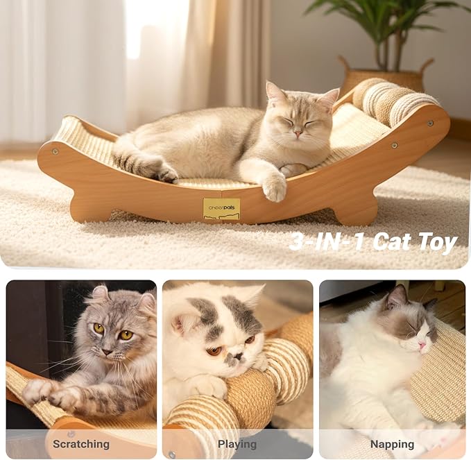 CHEERPALS Sisal Cat Scratcher Bed with Balls Cat Scratching Post for Indoor Cats Hammock, Natural Sisal Cat Scratch Wooden Cat Furniture(Large)