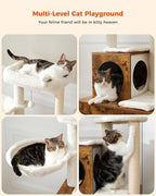 Cat Tree with Litter Box Enclosure, 50" Modern Cat Tree for Large/Fat Cats with Cat Condo, Wooden Cat Furniture with Large Hammock and Top Perch, Rustic Brown