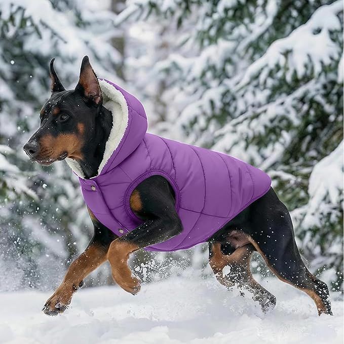 Fleece Hoodie, Windproof Waterproof Dog Coat, Winter Warm Jacket, Cold Weather Pet Apparel Clothes Vest for Small Medium Large Dogs (2XL, Purple)