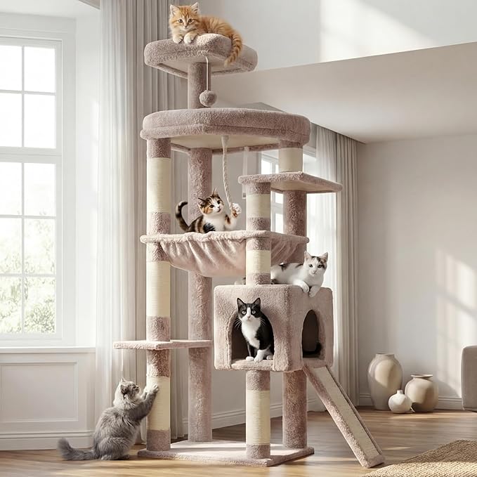 Heybly Heavy Duty Cat Tree, 64.2-Inch Tall Tower for Large Indoor Cats with Widened Structure, Cat Furniture with Big Platforms, Extra-Large Hammock, Sisal Scratching Posts & Board, Muchroom HCT027MU