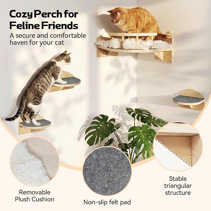 Cat Shelves for Wall, Corner Cat Wall Shelf with 3 Wide Steps, Wooden Wall Mounted Cat Shelf for Indoor Cats, 30 lb Capacity, Removable Plush Pads, Cat Climbing Perch Set for Large Cats