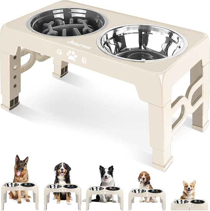 Elevated Dog Bowls for Medium Size Dogs, Non-Slip Dog Feeder with 1*Stainless Steel Dishes & 1*Slow Feeder Bowl, 5 Heights Adjustable Raised Bowls to 3.15″-8.66″-9.84″-11.02″-12.2″