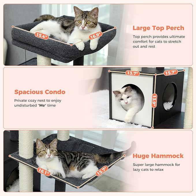 52" Cat Tree for Indoor Cats Large Adult, Modern Cat Tower with Fully Sisal Covered Scratching Posts, Cat Furniture with Spacious Perch, Super Large Hammock, Cozy Condo and Swing Tunnel Black