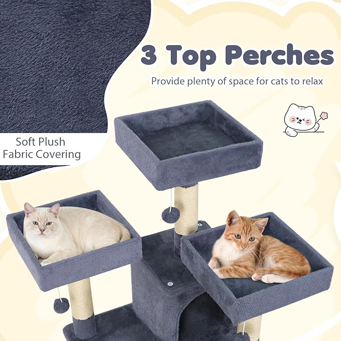 Tangkula 65 Inch Tall Cat Tree, Multi-Level Cat Tower with Sisal Scratching Posts & Board, 2 Condos, 3 Plush Top Perches, Adjustable Basket, 3 Hanging Balls for Indoor Cats (Dark Gray)