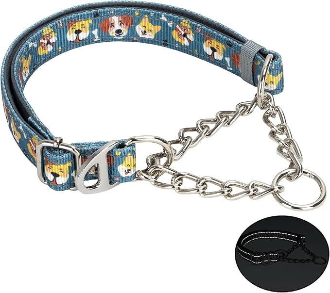 Reflective No-Pull Martingale Dog Collar with Chain, Adjustable Training Collar with Cute Cartoon Dog Pattern for Medium, Large, XL Dogs (Medium)