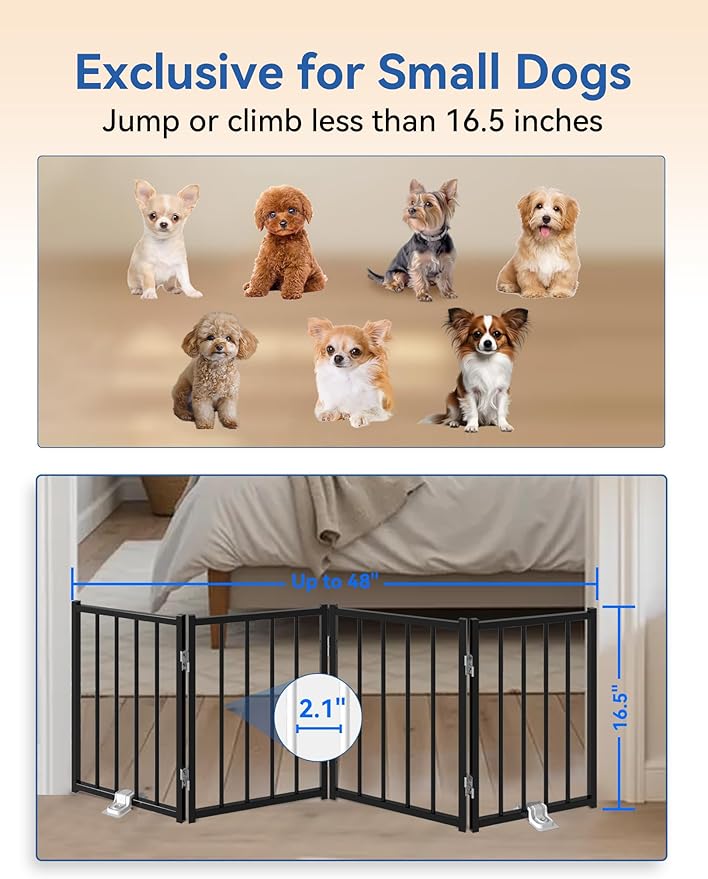BFNN Free Standing Dog Gate, 16.5" Short Pet Gate for Stairs and Doorways, Up to 48" Wide Foldable Puppy Fence, Indoor & Outdoor Use, No Drilling and No Assembly, for Small & Toy Dogs, Black