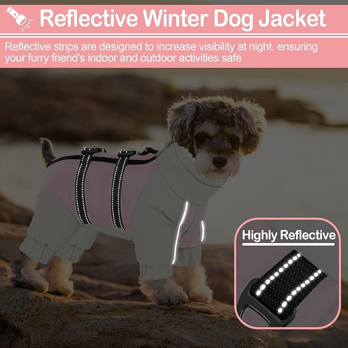 KOESON Four Legged Winter Coat, Warm Dog Jacket with Adjustable Buckles, Turtleneck Windproof Fleece Jackets, Reflective Fullbody Snowsuit Puffer Coat Pink Grey XL