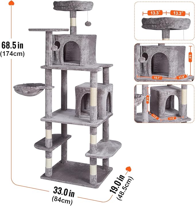Happybuy Cat Tree for Indoor Cats, 68.5" Cat Tower with 2 Cat Condos, Sisal Scratching Post, Hammock, Top Perch, Jumping Platforms, Large Cat Furniture Activity Center with Hang Ball, Light Grey