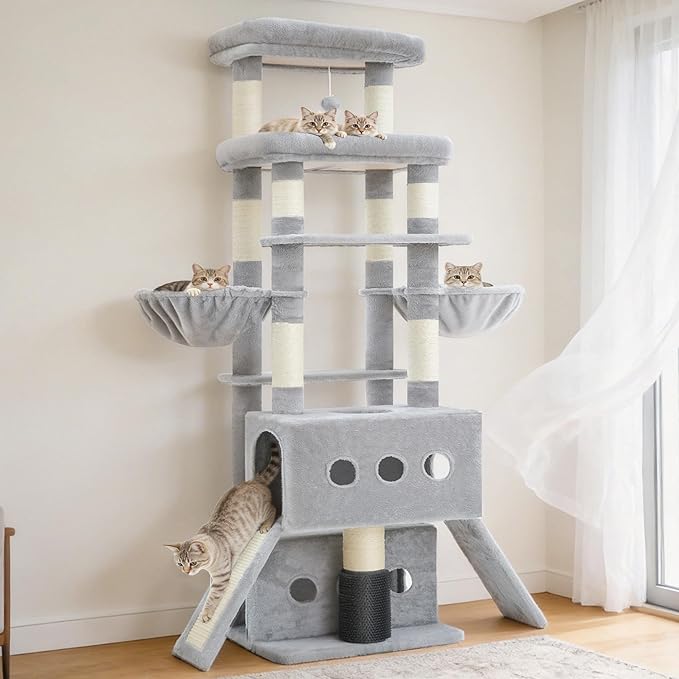 Hey-brother Cat Tree Tower, 71.5 Inches Scratching Posts with Extra Large Platform, 2 Cozy Condos, 2 Hammocks and Scratch Boards, Multi-Level House for Multiple Indoor Cats, Smoky Gray MPJ085W