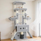 Hey-brother Cat Tree Tower, 71.5 Inches Scratching Posts with Extra Large Platform, 2 Cozy Condos, 2 Hammocks and Scratch Boards, Multi-Level House for Multiple Indoor Cats, Smoky Gray MPJ085W