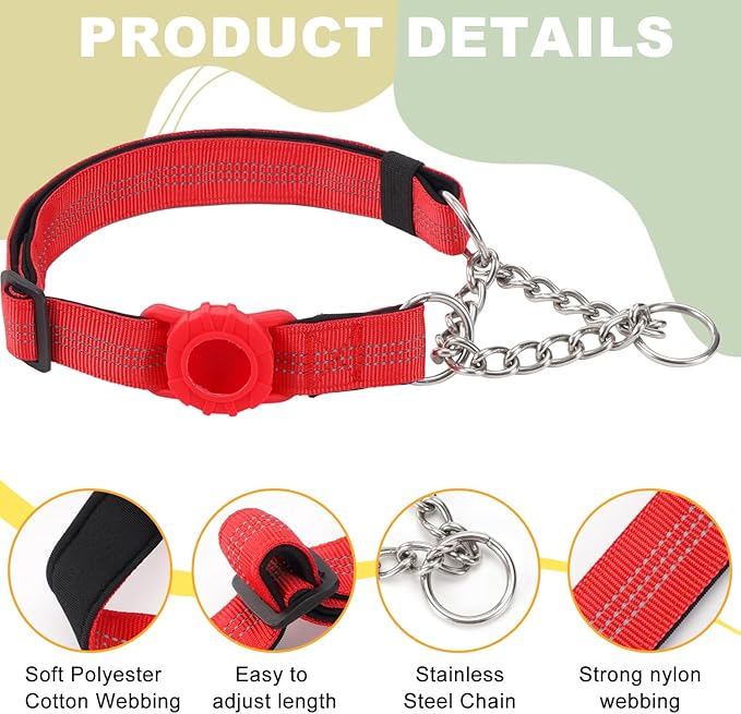 Cymiler Martingale Dog Collar with AirTag Holder, Reflective Nylon Training Collar, Stainless Steel Chain, Heavy Duty Buckle, Limited Slip Collars for Small Medium Large Dogs (Red, Medium)