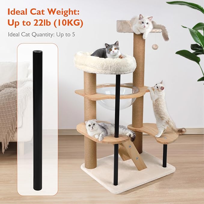 Solid Wood Cat Tree, 40" Tall Wooden Tower for Cats with Scratching Posts, Plush Perch, Large Space Capsule, Platforms, Removable Pads Heavy-Duty Indoor Cat Furniture Toys (Natural)
