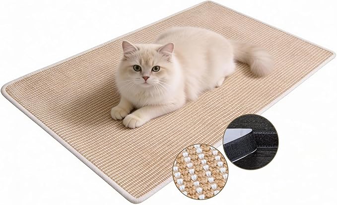 Cat Scratcher Mat, 39.3"x 23.6" Natural Sisal Cat Scratch Mat with Velcro Tape, Scratching Rug Pad for Indoor Cats, Furniture Protector, Floor Carpet, Wall Pad, L, Beige
