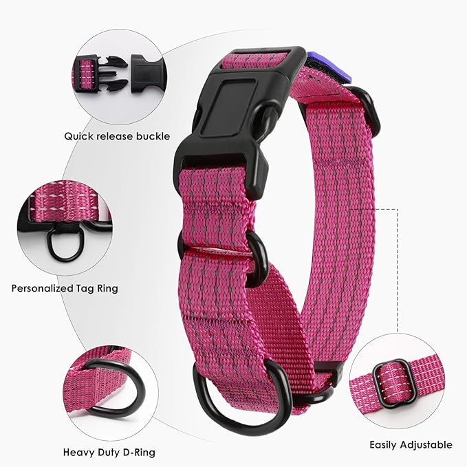 Martingale Collar for Dogs, Reflective Heavy Duty with Quick Release Nylon Buckle-USA Flag-No Pull Training Choker for Walking, Training, Hot Pink,M