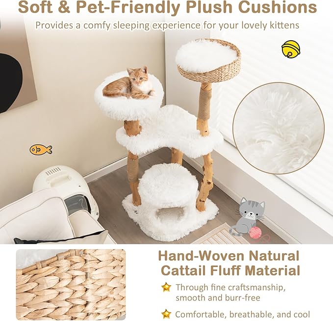 PETSITE 49-inch Cat Tree for Indoor Cats, Cute Solid Wood Modern Multi-Level Cat Tower with Scratching Posts, Top Cattail Basket Cat Bed, Side Perch, Large Platform, and Condo (White)