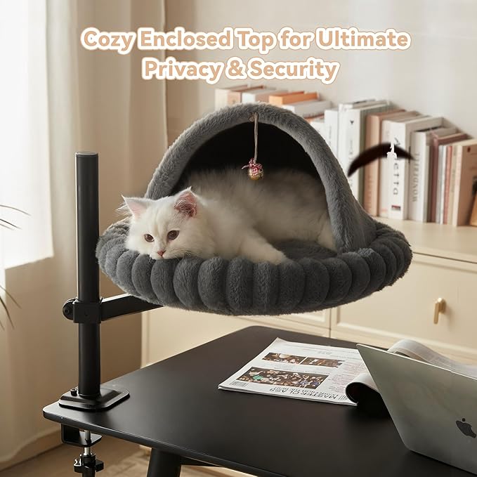 Dogpals 360° Rotating Cat Bed for Desk, Height Adjustable Cat Perch with Semi-Enclosed Design & Removable Cushion, No-Drill Clamp fits up to 1.18" Desk, Supports 9lbs for Office, Gaming Table, Grey