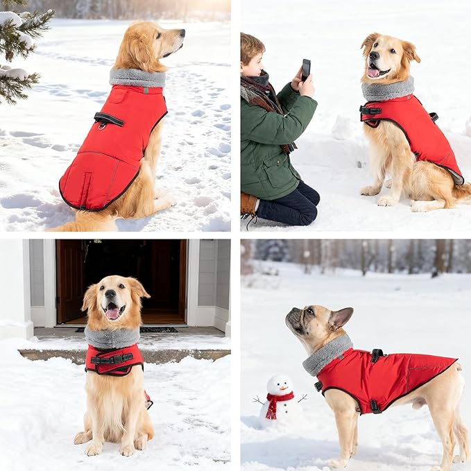 Mihachi Dog Coat for Large Dogs, Warm Dog Winter Coat Waterproof Dogs Jacket with Harness Built in Reflective Pet Fleece Vest, Puppy Cold Weather Coats Turtleneck & Windproof Pet Snowsuit, Red L