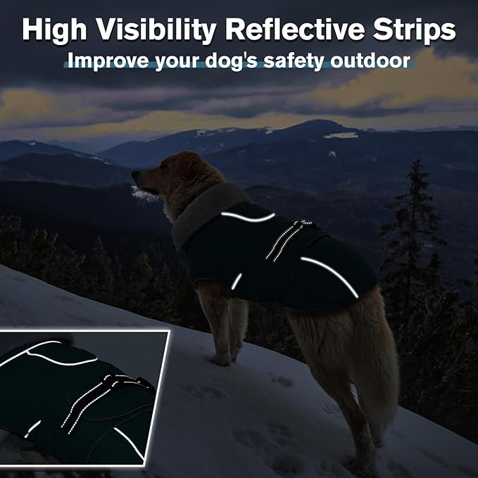 Lelepet Warm Dog Coats for Large Dogs Waterproof Dog Winter Jacket Reflective Pet Fleece Vest Windproof Cold Weather Coats with Adjustable Buckle & Leash Hole, Dark Green, XXL
