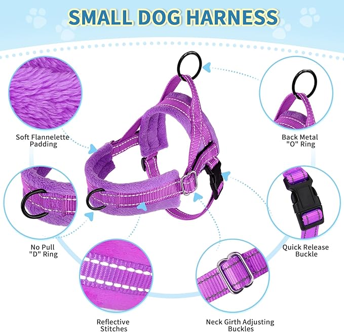 Lukovee No Pull Dog Harness and Leash Set, Soft Padded Small Dog Harness, Neck & Chest Adjustable Reflective Vest Puppy Harness with 4ft Lightweight Anti-Twist Dog Leash for Small Dogs (Purple, M)