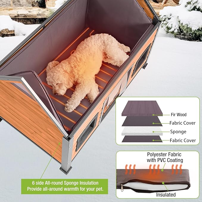 GUTINNEEN Heated Dog House for Large Dogs Outdoor Insulated Dog Kennel with Heater for Winter,All-Around Strong Iron Frame