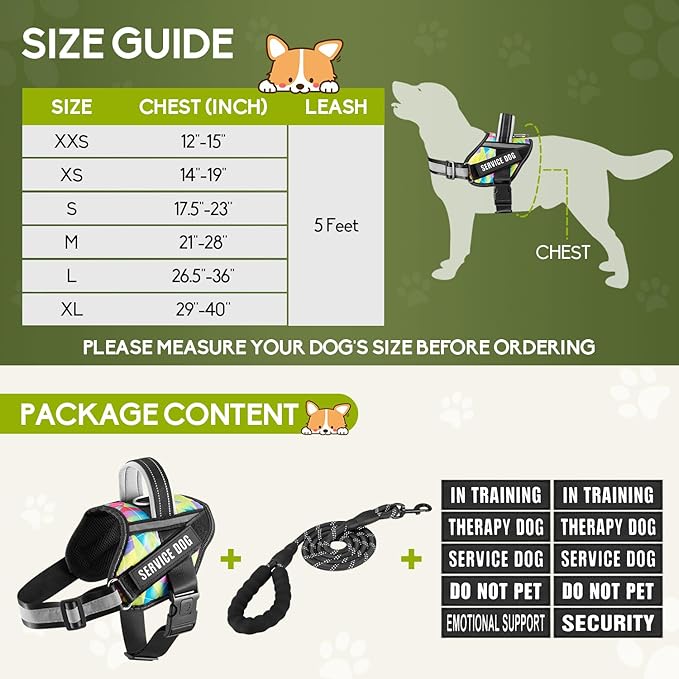 Service Dog Vest Harness and Leash Set, Animire in Training Dog Harness with 10 Dog Patches, Reflective Dog Leash with Soft Handle for Small, Medium, Large, and Extra-Large Dogs (Multi-Colored,M)