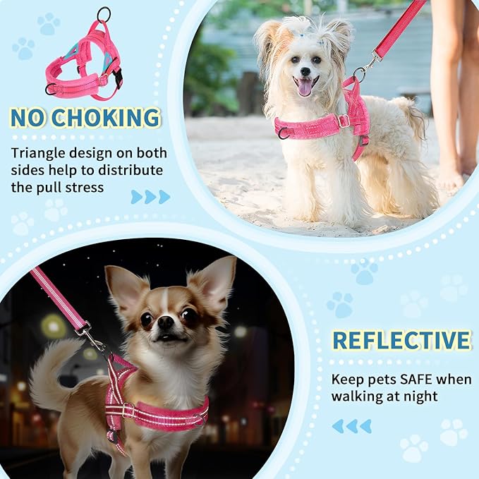 Lukovee No Pull Dog Harness and Leash Set, Soft Padded Small Dog Harness, Neck & Chest Adjustable Reflective Vest Puppy Harness with 4ft Lightweight Anti-Twist Dog Leash for Small Dogs (S, Pink)