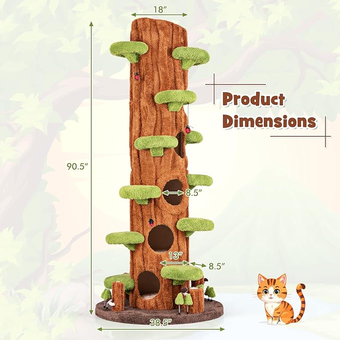 PETSITE 90.5 Inch Tall Cat Tree, Tree-Like Modern Cat Tower with Sisal Scratching Pad, Five Cat Condos, Cute Hanging and Spring Toys, Large Cat Tree Tower for Indoor Cats (Brown)