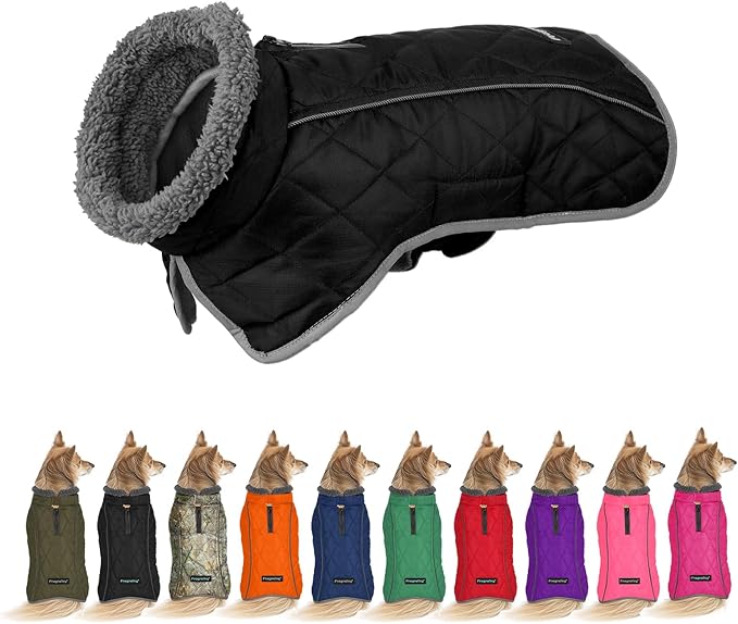 Fragralley Dog Coat Large, Waterproof Dog Jacket with Warm Fleece Lining, Adjustable Reflective Dogs Winter Coat, Turtleneck Pet Coats for Cold Weather (Black L)