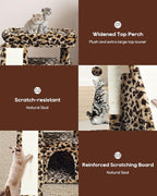 Small Leopard Print Cat Tree for Indoor Cats | Short Tower with Scratching Post, Ramp Pad, Condo with Perch Bed, Kittens Play House, Hanging Plush Ball & Cave for Resting (Leopard Print)