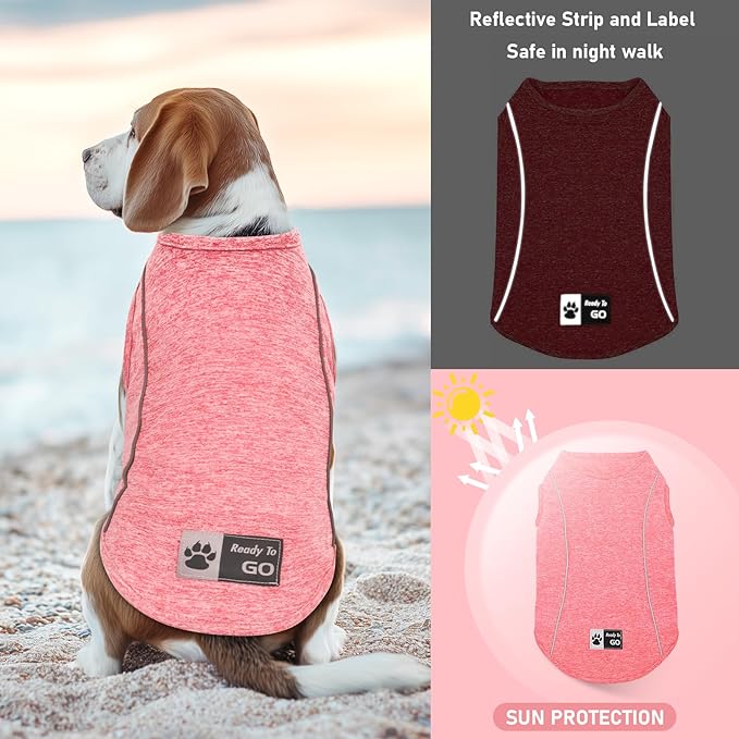 KYEESE Reflective Dog Shirt, Lightweight Sun Protection Dog T Shirts for Small Dogs, Breathable Sleeveless Pet Tank Top Summer Dogs Clothes for Night Walking Outdoor, Coral Red, L