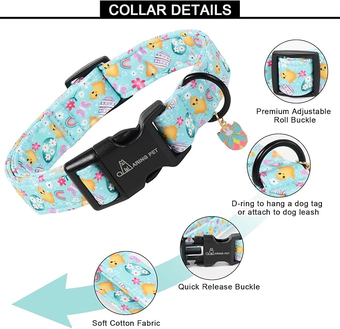 ARING PET Easter Dog Collar, Cute Mint Green Chick Egg Floral Pet Collars with Quick Release Buckle for Puppy Small Medium Large Boy Girl Dogs-L