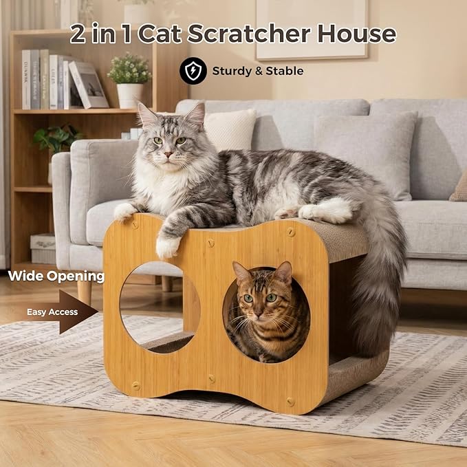 Avont Cat Scratcher House, 2-in-1 Scratch Cardboard & Scratching Pad for Indoor Cats, Double-Layer Scratch Box and Corrugated Board for Kitty -Curved