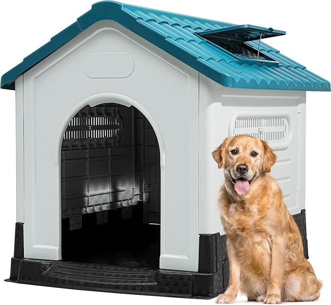 YITAHOME Dog House Outdoor Plastic Doghouse Water Resistant Pet House with Adjustable Skylight and Elevated Base for Small, Medium, and Large Dogs