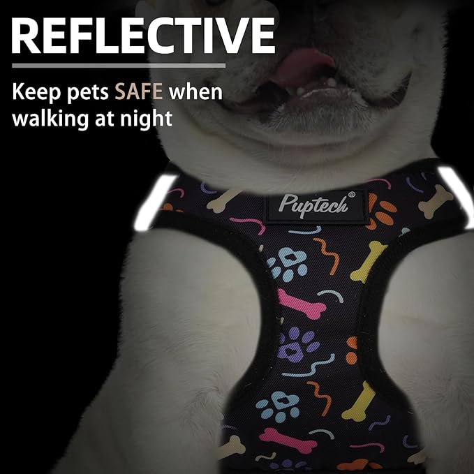 PUPTECK Dog Harness and Leash Set for Small Medium Dogs No Pull Step-in Soft Mesh Puppy Cat Vest Harnesses Reflective at Night, Black Paw, XS