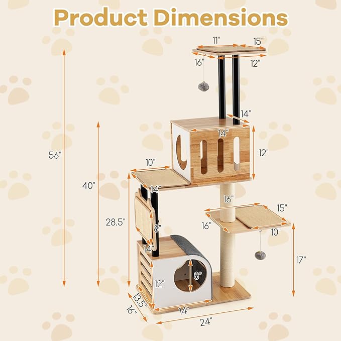 Tangkula Modern Cat Tree, Tall Multi-Level Cat Tower with Double Condos, Jumping Platforms, Dangling Balls, Sisal Carpets & Scratching Posts, Wood Cat Tree Tower for Indoor Cats