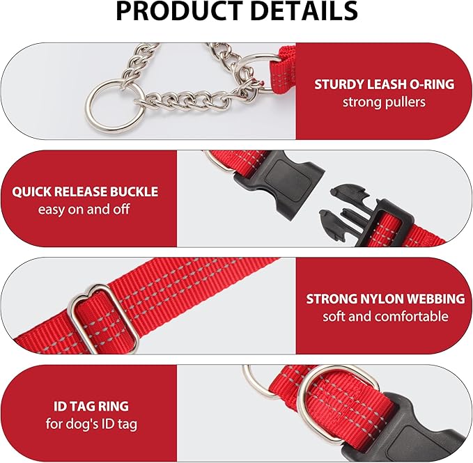 Martingale Dog Collar with Quick Release Buckle Steel Chain No Pull Training Reflective Collar for Medium Large Dogs(Red, Large)