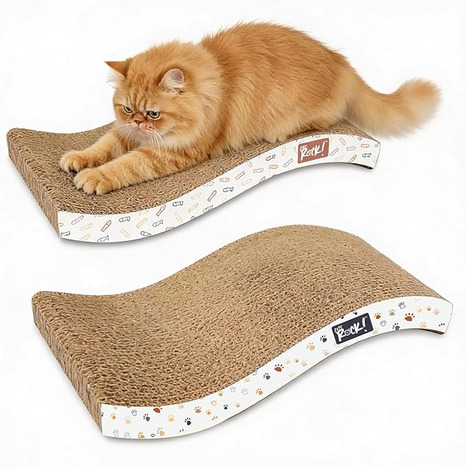 Cats Rock Scratching Board for Indoor Cats, Corrugated Cardboard Cat Scratcher with Catnip, Double-Sided Scratch Pad, Paws & Sardines Wave Design (Pack of 2)