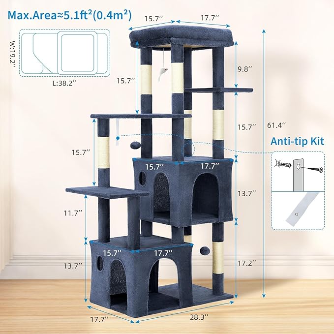 Blue 61" Heavy Duty Cat Tree for Large Indoor Cats & Maine Coon, Fresh Multi-Level Cat Tower with Extra Large Perch, 2 Spacious Condos, Natural Sisal Scratching Posts & Interactive Toys