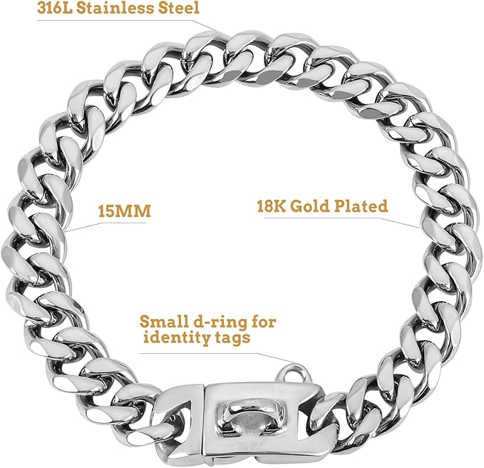BAOBOTE 15MM Silver Stainless Steel Dog Collar with Cuban Link Chain Heavy Duty Chew Proof Training Collar for Dogs(22" Silver)
