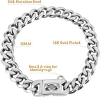 BAOBOTE 15MM Silver Stainless Steel Dog Collar with Cuban Link Chain Heavy Duty Chew Proof Training Collar for Dogs(16" Silver)