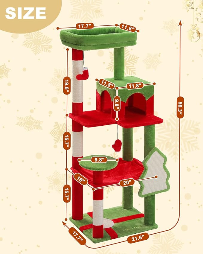 PEQULTI Christmas Cat Tree for Large Cats with Metal Frame Big Hammock, Cat Tower for Indoor Cats with 2 Door Condo House, [56.3"=143cm] Multi-Level Cat Shelves with Scratching Posts and Top Perch