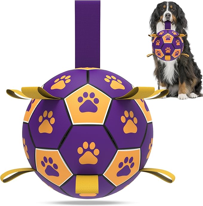 QDAN Extra Large Dog Toys Soccer Ball - Durable Dog Balls for Extra Large Dogs with Straps, Interactive Dog Tug Toy with Strap for Tug of War (9 Inch)