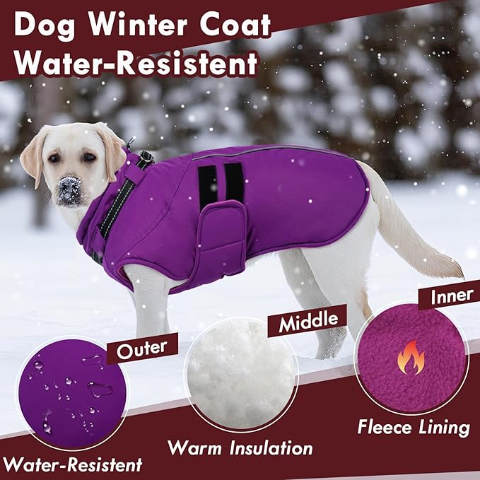 Dog Winter Coat with Harness, Warm Dog Jackets for Large Dogs Waterproof, Adjustable Hook&Loop Reflective Snowsuit, Cold Weather Coats for Dogs Labrador Doberman, XXXL Purple