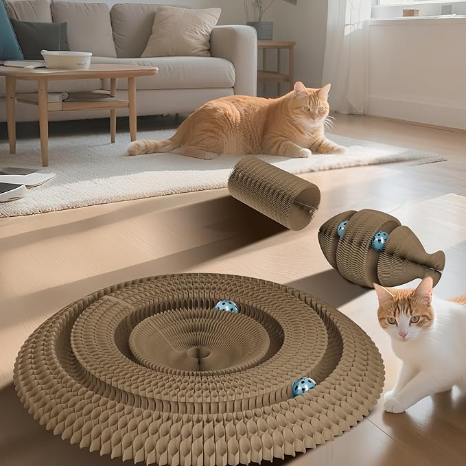 Kitty kurlz Magic Organ Cat Scratching Board with 2 Bell Ball,Foldable Accordion Kitty Curls Cat Scratcher,Corrugated Cardboard Scratching Pad,Blue Big Fish