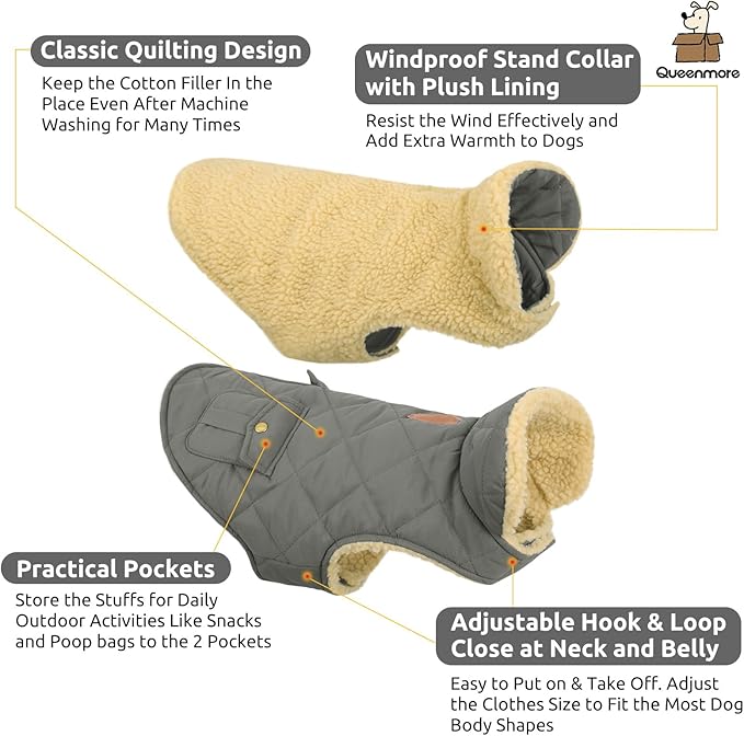 Queenmore Dog Winter Coat - Fleece Jacket, Waterproof Cold Weather Dog Clothes, Thick Warm Cotton Padding, Easy On Storage Pockets (Grey, Small)