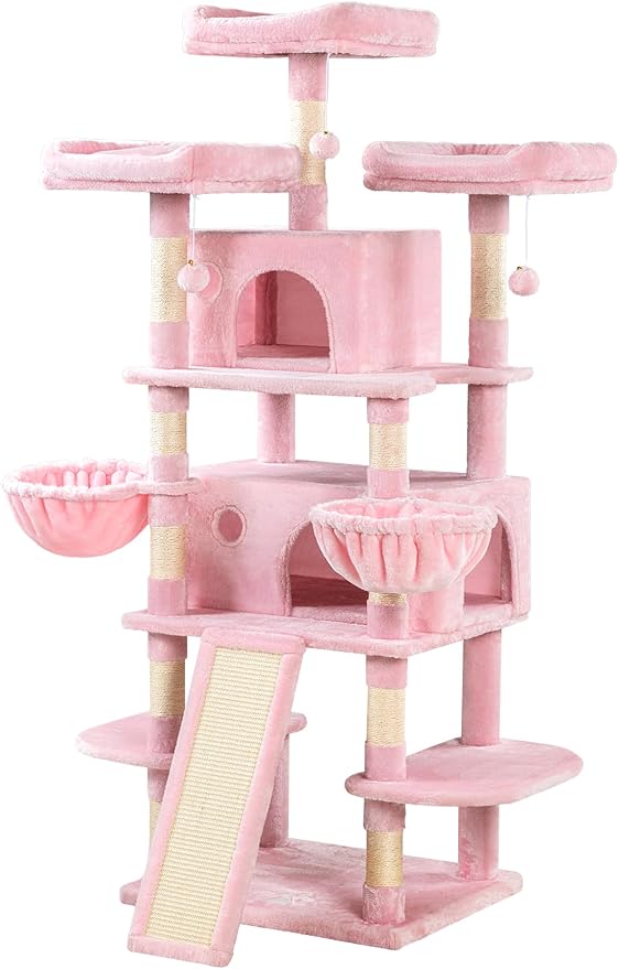 MUTICOR 68 Inches Multi-Level Large Cat Tree Tower with Condo/Cozy Plush Perches/Sisal Scratching Posts and Hammocks/‌Feline Activity Center Play House/Wide Base/Pink
