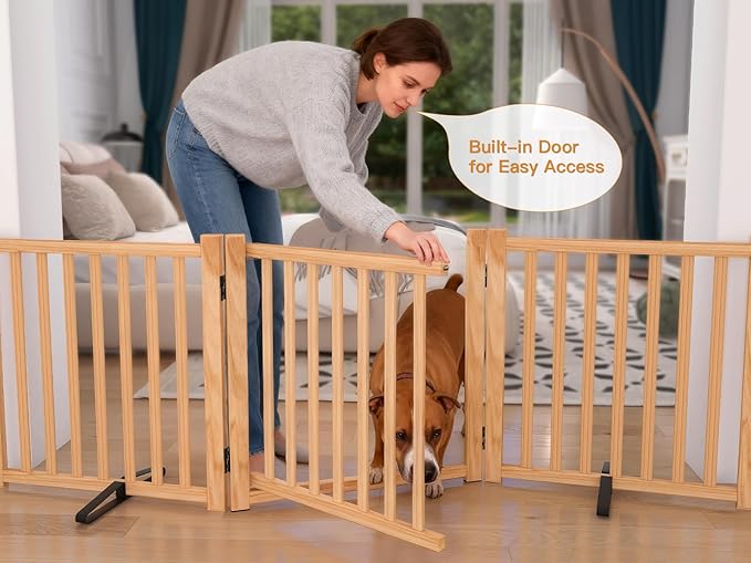 YOCAN Paint-Free Wooden Freestanding Dog Gates with Door for The House,Doorways, Stairs,Wood Dog Fences Indoor Pet Gate,Step Over Fence-4 Panel