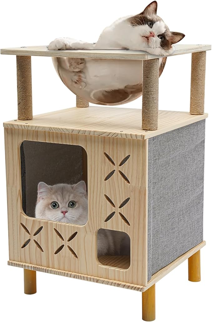 Multi-Functional Cat Tree with Scratching Post & Acrylic Capsule, Cat Houses Cats Hideaway Kitten Cave Ideal Cat Tower Bed for Indoor Cats Comfortable Condo Furniture for Kitten